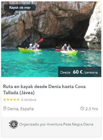 ruta en kayak desde Denia hasta cova tallada Jávea
